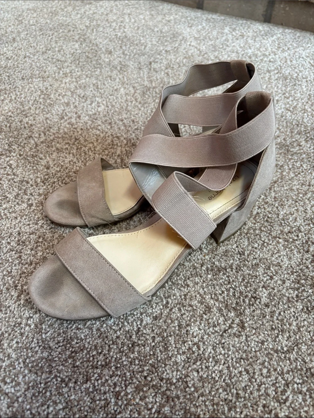 Liz Claiborne Taupe Suede Block Heel Sandals with Elastic Ankle Straps